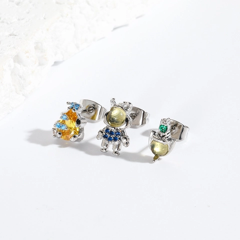 Space Astronaut Rocket Fish Stud Earrings Zircon Inlaid 18K Gold Plated Brass Cartoon Fashion Jewelry For Women