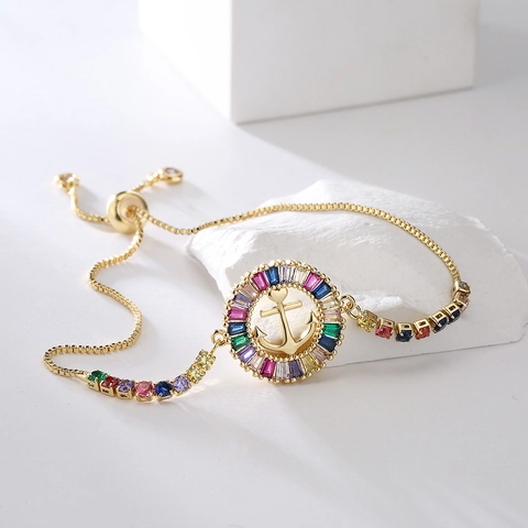 Anchor Pendant Bracelet For Women Rainbow Zircon Adjustable Copper 18K Gold Plated Jewelry