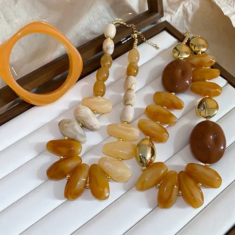 Collar De Cuentas Gruesas Y Brazalete Ancho Acrílico Resina Patrón De Mármol Irregular Joyería Bohemia Vintage Para Mujeres