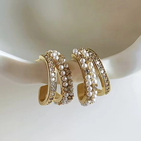Pendientes De Aro En Forma De C De Doble Fila Con Circonita Perla Artificial Poste De Plata 925 Joyería Francesa Para Mujer