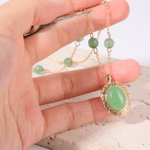 Vintage Green Natural Stone Pendant Necklace Copper 18K Gold Plated Beads Retro Bohemia Style For Women