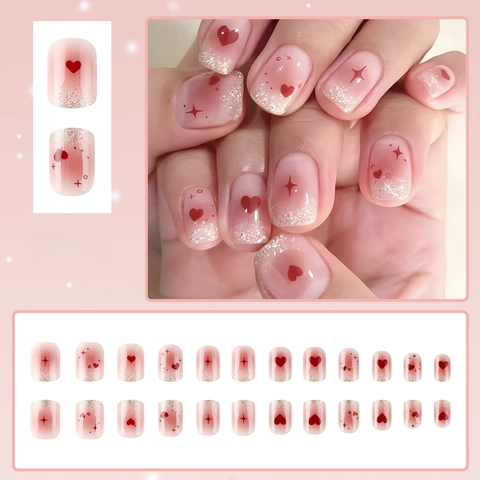Glossy Pink Ombre Press On Nails With Red Heart And Silver Glitter For Valentine Day Sweet French Style Fake Nails