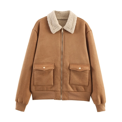 Women Bomber Jacket Faux Suede Patchwork Sherpa Collar Loose Casual Long Sleeve Winter Coat Zipper Outwear