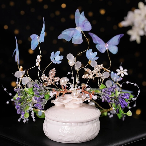 Bandeau Floral Papillon Coréen Fait à la Main Style Forêt Accessoire de Cheveux Mariage Romantique avec Perles Artificielles