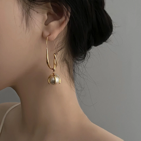 Pendientes Colgantes De Perlas Artificiales Retro Francesas Cobre Chapado En Oro Geométrico Circón Gancho Elegante Joyería Para Mujer