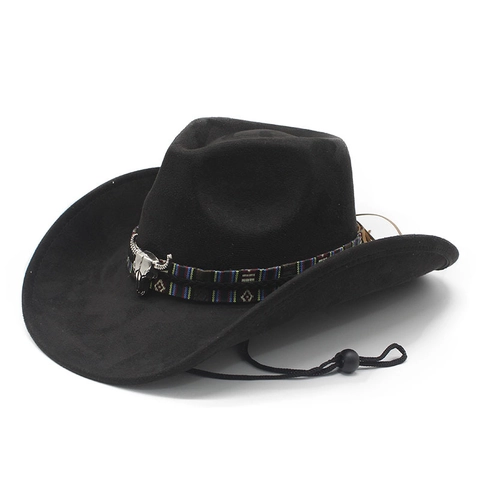 Western Cowboy Hat Suede Felt Bull Head Skull Ethnic Woven Band Retro Vintage Jazz Fedora For Men Women Adjustable