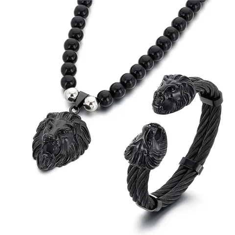 Gioielli Testa Di Leone Da Uomo Collana E Bracciale Perla Agata Nera Acciaio Inossidabile Stile Hip Hop Punk Vintage