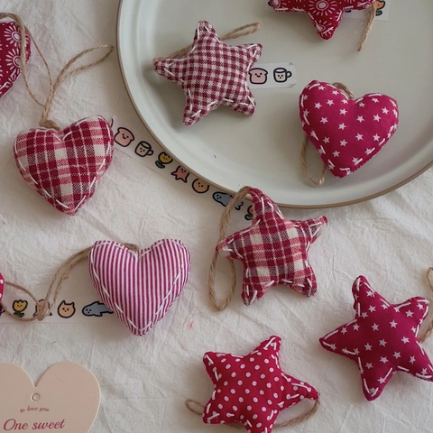 Christmas Ornaments Hanging Fabric Heart Star Shapes Plaid Polka Dot Red White Pattern Cotton Jute Rope Home Decor