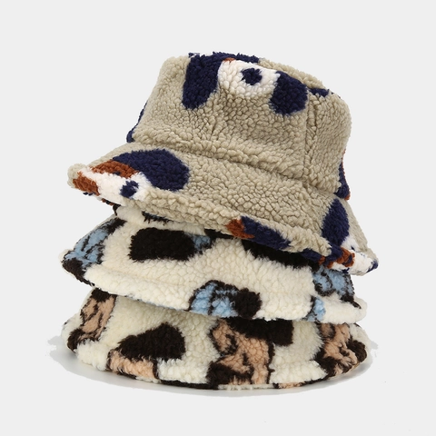 Chapeau De Seau D'Hiver Chaud Fausse Laine D'Agneau Épaissi Motif Vache Animal Chapeau De Pêcheur Femmes Hommes