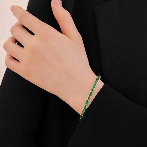 Smaragdgrünes Zirkon Armband Vergoldetes Kupfer Rechteckiger Rundschliff Tennis Link Elegant Luxus Damen Mode Schmuck
