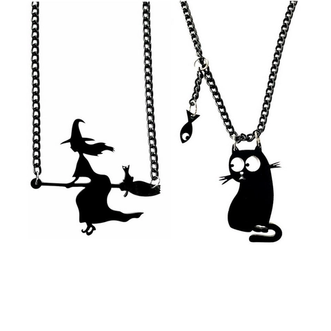 Halloween Gothic Witch On Broom And Black Cat Pendant Necklace Dark Style Acrylic Alloy Jewelry For Men Women Party