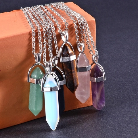 Hexagonal Pillar Pendant Necklace Natural Crystal Stone Healing Point Bullet Shape Alloy Chain Jewelry