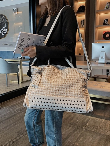 Μεγάλη Τσάντα Tote Tweed Υφαντό PU Δέρμα Patchwork Καρφιά Διακόσμηση Φούντα Μόδα Ώμου Τσάντα Χιαστί Για Γυναίκες