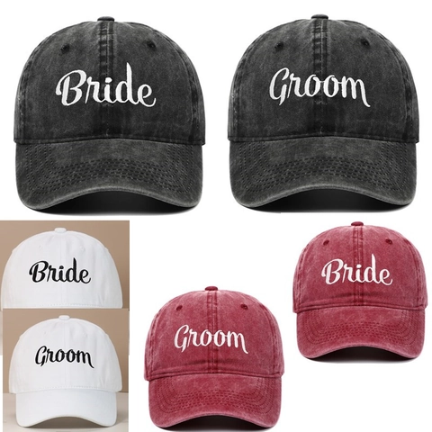 Washed Cotton Baseball Cap Embroidered Bride Groom Lettering Vintage Retro Adjustable Wedding Party Sun Hat