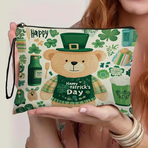 Trousse Per Trucco Giorno Di San Patrizio Borsa Cosmetici In Lino Con Cinturino Da Polso Trifoglio Leprechaun Organizer Viaggio