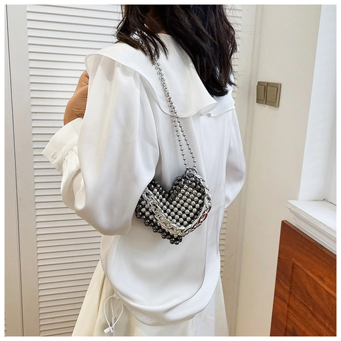Heart Shaped Beaded Bag Silver Metallic Beads Mini Crossbody Evening Handbag For Women Y2K Style With Chain Straps
