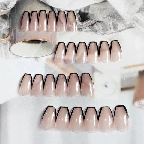 Uñas Postizas Press On French Negro Degradado Rosa Nude Larga Forma Ataúd Desmontables Para Mujeres