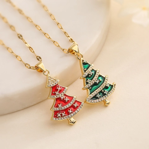 Collana con Pendente ad Albero di Natale in Rame Placcato Oro 18K per Donna Albero di Natale in Smalto e Strass Gioielli alla Moda