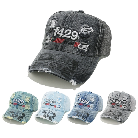 Berretto Da Baseball In Denim Di Cotone Lavato Vintage Stile Hip Hop Americano Streetwear Strappato Ricamo Lettere 3D