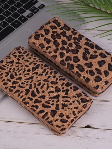 Damen Langes Reißverschluss Portemonnaie Leopard Druck Kork Textur Große Kapazität Mode Clutch Geldbörse