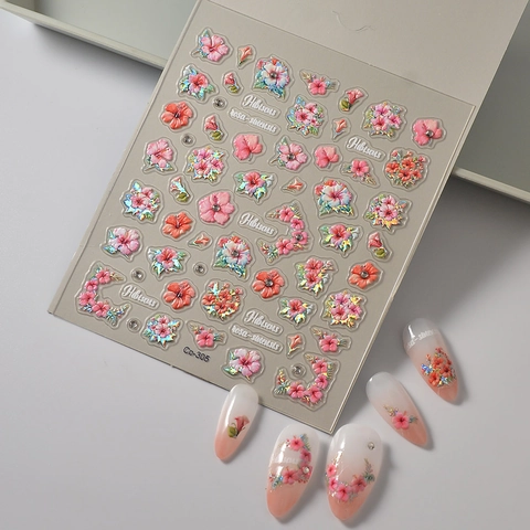 Pegatinas Para Uñas Con Relieve Flor De Hibisco 3D Texturizado Laser Brillo Decoración De Manicura Impermeable Para Mujeres