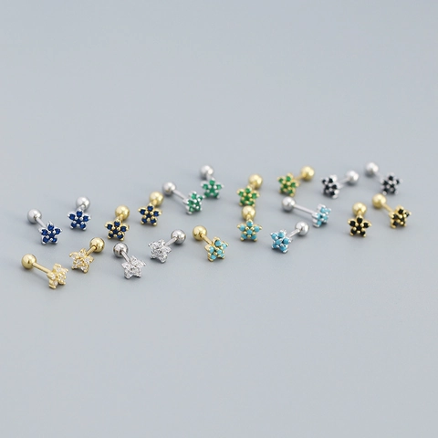 925 Sterling Silver Flower Star Stud Earrings Colorful Zirconia Tiny Minimalist Earrings Screw Back Piercing Jewelry For Women