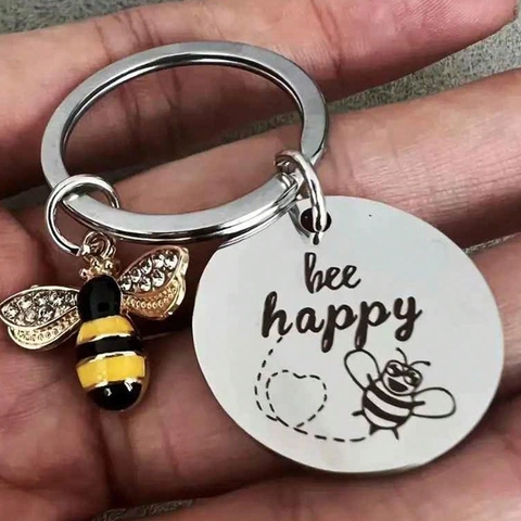 Portachiavi Bee Happy In Acciaio Inossidabile Con Ciondolo Ape In Smalto E Strass Citazione Ispiratrice Anello In Metallo Regalo