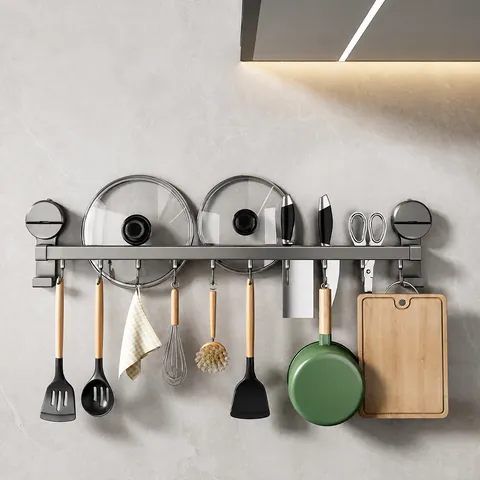 Kitchen Storage Rack Wall Mounted Space Aluminum Suction Cup Hook Rod Organizer For Utensils Knives Pot Lid Gun Grey