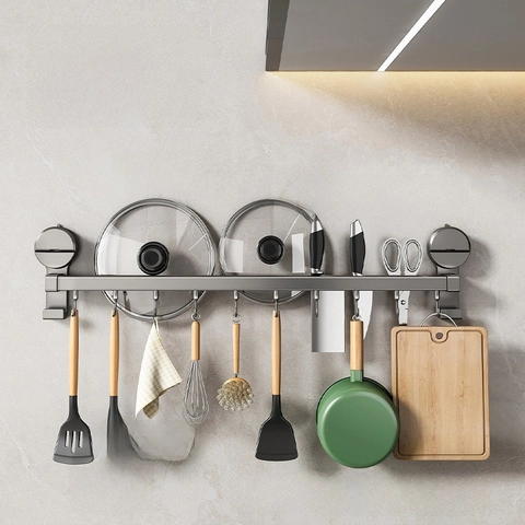 Kitchen Storage Rack Wall Mounted Space Aluminum Suction Cup Hook Rod Organizer For Utensils Knives Pot Lid Gun Grey