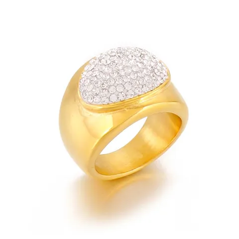 Wide Band Ring Stainless Steel Gold Plated Pave Rhinestone Oval Large Fashion For Women