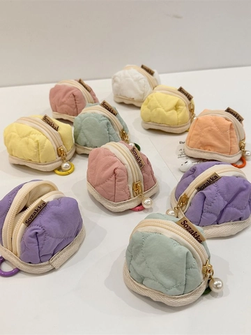 Mini Heart Quilted Cotton Earphone Case Macaron Color Puffy Coin Purse With Artificial Pearl Zipper Pendant Cute Small Storage Bag