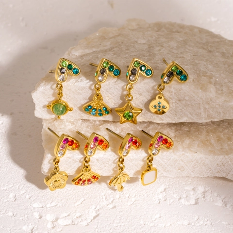 Singolo Orecchino a Bottone in Acciaio Inossidabile Zirconia Multicolore a Cuore Per Donna Placcato Oro Stella Fiore Gioielli Alla Moda