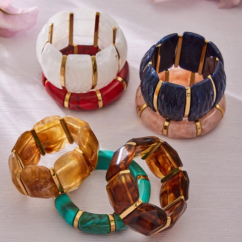 Wide Bangle Bracelet Resin Marble Texture With Stainless Steel Spacers Chunky Elastic Fashion Jewelry For Women