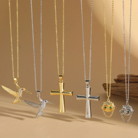 Collier Pendentif Vintage Cuivre Zircone Croix Hibou Colibri Élégant Bijoux De Mode Pour Femmes