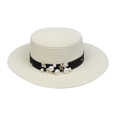 Cappello di Paglia da Donna Bambino Boater Testa Piatta Con Perle Artificiali Fiocco Fiore Spiaggia Estate Protezione Solare