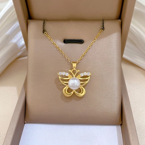 Collana Con Ciondolo Farfalla Perla Artificial Catena In Acciaio Inossidabile Rame Zirconia Gioielli Di Lusso Eleganti Da Donna Regalo