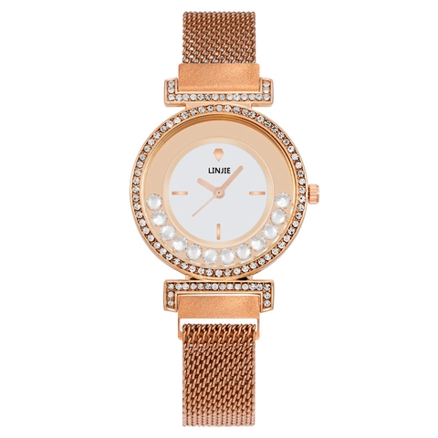 Women Fashion Watch Quartz Movement Rhinestone Inlaid Metal Mesh Strap Magnetic Buckle Floating Crystal Elegant Wristwatch