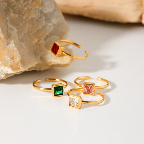 Vierkante Zirkonia Ring 18K Verguld Roestvrij Staal Verstelbaar Open Geometrische Luxe Sieraden Cadeau Voor Vrouwen