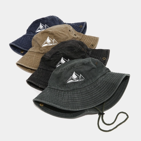 Cappello Da Pescatore Ricamo Montagna Cotone Lavato Protezione Solare Outdoor Cappello Boonie Con Corda Antivento Trekking