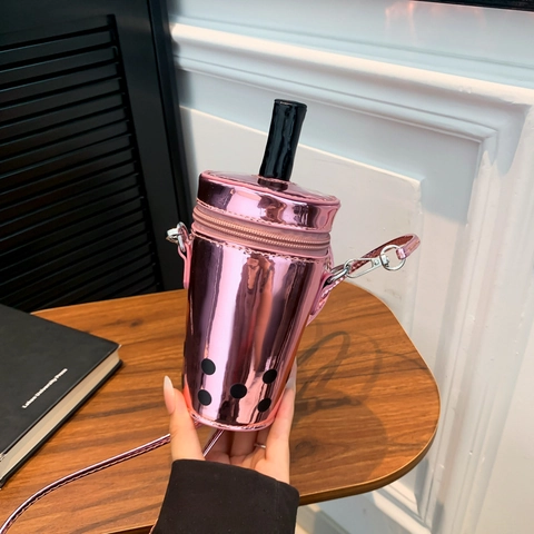 Borsa A Tracolla Novità Forma Tazza Tè Al Latte Pelle PU Verniciata Metallizzata Borsa Tracolla Cilindrica Donne