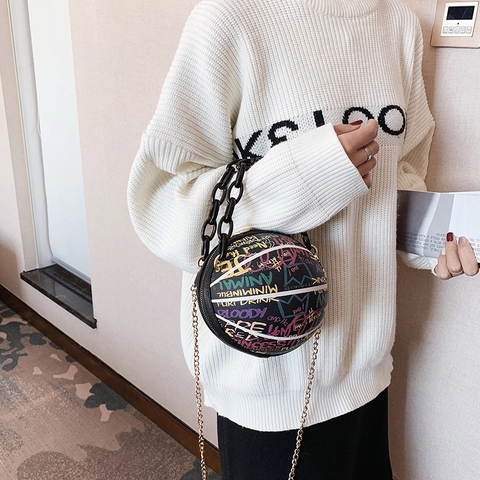 Trendy Basketball Shaped PU Leather Crossbody Bag Graffiti Print Round Handbag With Acrylic And Metal Chains For Women
