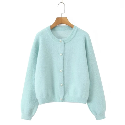 Cárdigan de Punto Mujer Pelo de Visón Sintético Cuello Redondo Botón de Perla Artificial Punto Suave Manga Larga Top Exterior