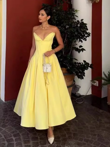 Strapless Corset Maxi Dress For Women Elegant Backless Boning Satin Formal Evening Party Gown A-Line Pleated Flared