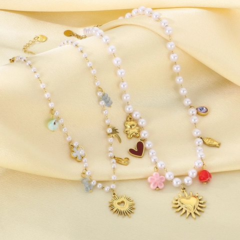 Collana Di Künstliche Perle Alla Moda con Künstliche Perle Sintetiche Ciondoli Cuore Pesce Fiore In Acciaio Inossidabile Per Donne Ragazze