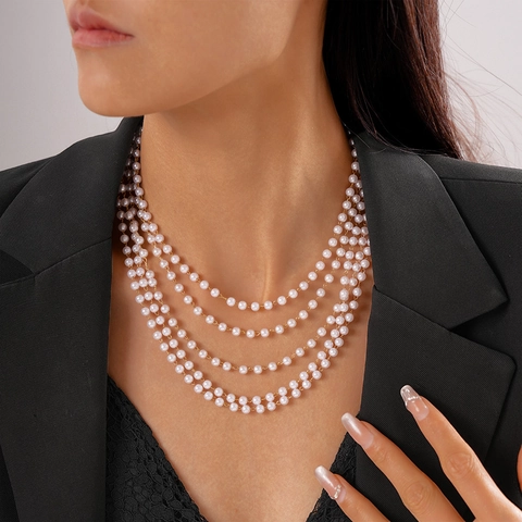 Collar De Perlas Artificiales De Imitación De Varias Capas Aleación Diamantes De Imitación Elegante Minimalista Tono Dorado Gargantilla Para Mujeres Ajustable
