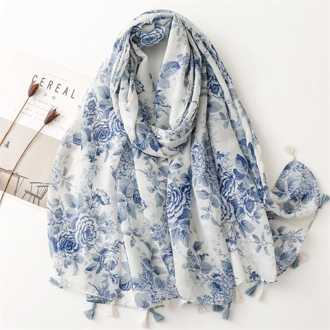 Écharpe Châle Imprimé Fleuri Polyester Voile Sensation Coton Lin Glands Long Style Chinois Rétro Femmes
