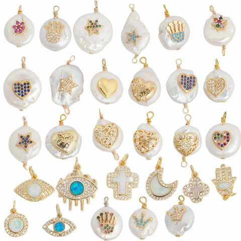 Ciondoli Künstliche Perle Barocche Rame Intarsiato Zircone Opale Cuore Stella Luna Malocchio Croce Hamsa DIY Gioielli Ciondoli Per Donne
