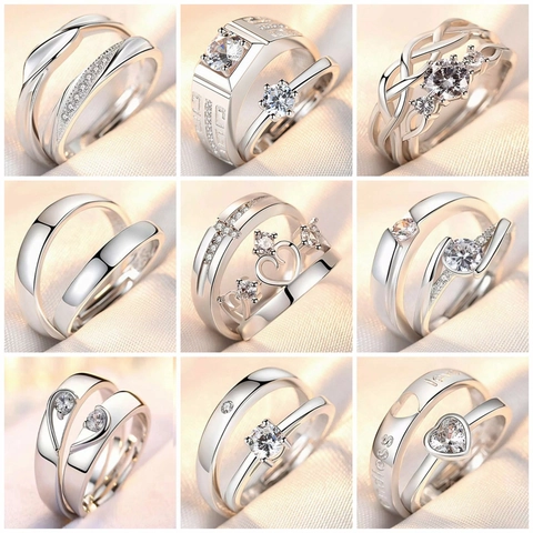 Couple Rings Adjustable Open Platinum Plated Copper Cubic Zirconia Heart Crown Geometric Promise Jewelry Gift For Lovers