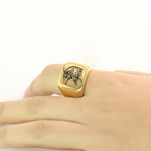 Men Signet Ring 304 Stainless Steel Eagle Head Engraved Square Face Vintage Punk Style Retro Jewelry