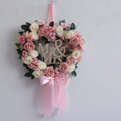 Heart Shaped Artificial Rose Wreath With Wooden Letter Sign And Satin Ribbon For Wedding Romantic Home Party Wall Decor